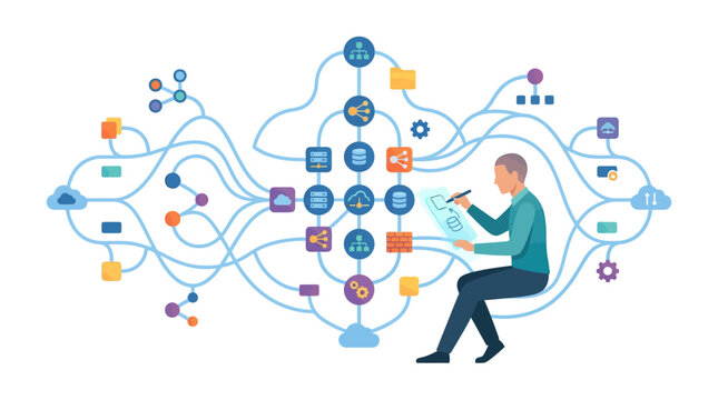 Cloud architect designing a complex network infrastructure on a digital tablet modern flat design vector illustration.