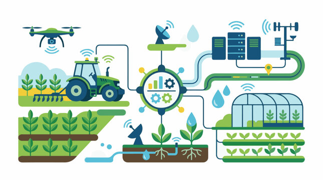 Smart farming technology illustration with drone tractor greenhouse and data analysis