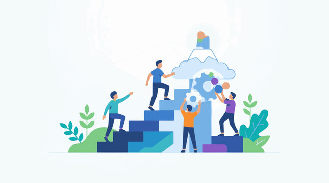 Diverse individuals collaborate to build a bright future ascending steps towards success and innovation