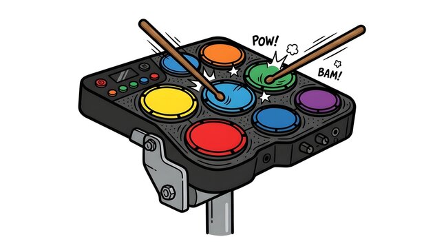 Comic-style illustration of an electronic drum pad with colorful strike zones and drumsticks hitting the surface. Perfect for modern beat making and rhythm concepts.