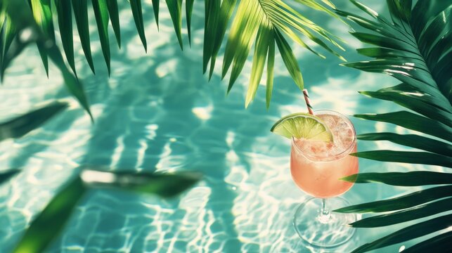 Refreshing cocktail with lime garnish sits beside vibrant green palm leaves, reflecting in crystal clear water, evoking a tropical paradise atmosphere for relaxation and enjoyment