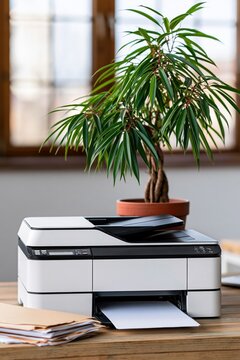 Sleek flatbed printer with bonsai style potted plant on desk for office workspace background and organized home office setup
