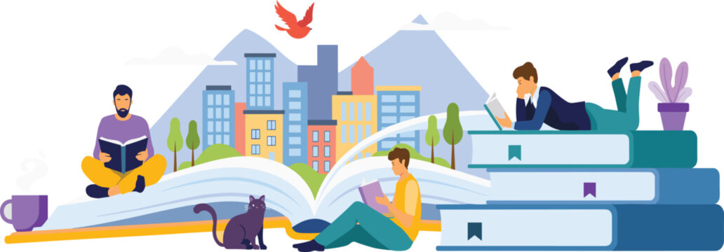 Education and Reading Concept Illustration with Students Learning from Books, Knowledge Sharing, Cityscape, and Academic Growth Vector Design
