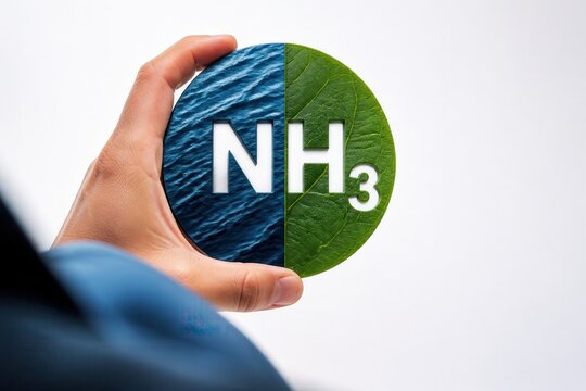 Ammonia concept in hand with NH3 chemical symbol for science agriculture and industry