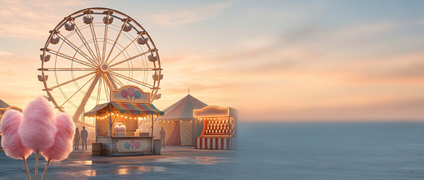 Nostalgic state fair sunset with ferris wheel, cotton candy stand and wide copy space