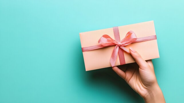 Hand holding a beautifully wrapped gift box with a pink ribbon against a vibrant turquoise background, symbolizing celebration and special occasions with a touch of elegance