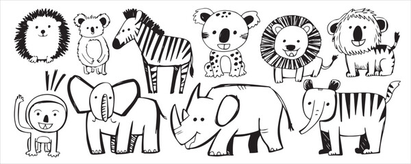 Cartoon safari animals illustrations set with zebra elephant lion rhino © Bd stock 