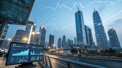 Obraz premium City skyline with skyscrapers and financial data overlay, showcasing urban development and economic growth