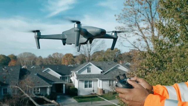 Drone controller at work examining roof conditions in a suburban neighborhood with residential properties and trees gently blurred in the distance.