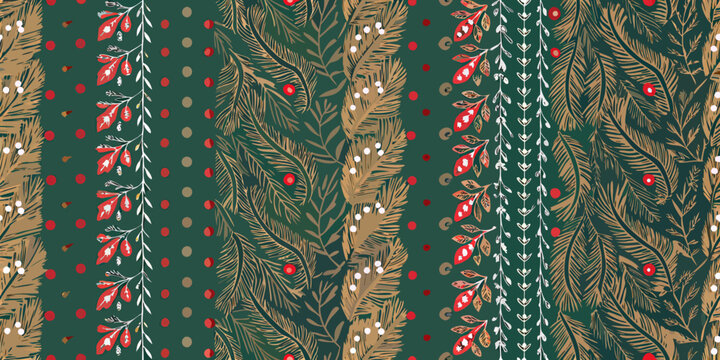 Pine Branches And Red Berries Seamless Vector Pattern On Green