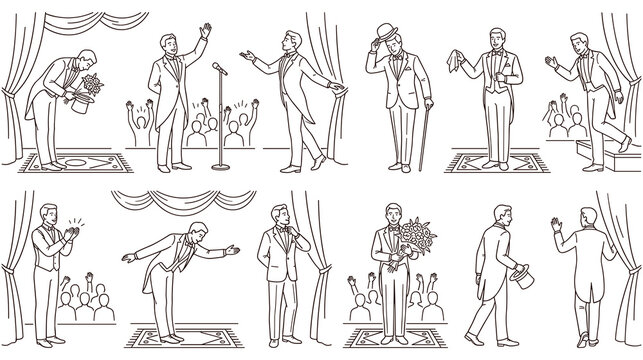 Set of men in tuxedo on stage performing various show acts in line art style.