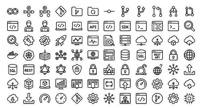 Editable DevOps and Software Development Linear Icon Pack with CI CD Git Docker Kubernetes Cloud API and Programming Vector Symbols