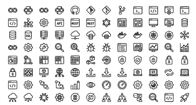 Modern DevOps Outline Icons with Editable Stroke Software Engineering CI CD Cloud Infrastructure Docker and Programming Vector Set