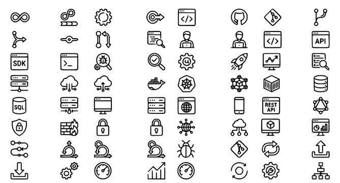 DevOps Methodology and Software Development Outline Icon Set with CI CD Pipeline Cloud Docker Kubernetes API and Editable Stroke Vector Collection