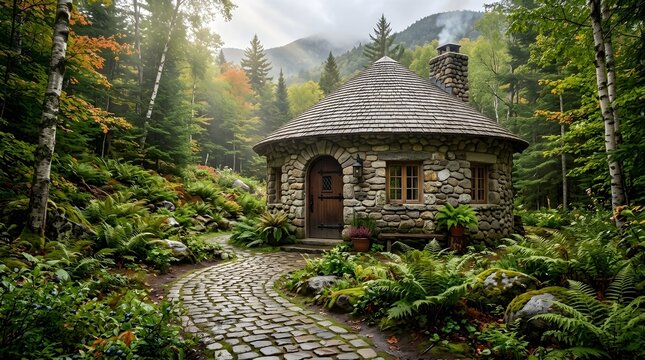 Unique Round Stone Turret Cabin in Misty Forest with Cobblestone Path