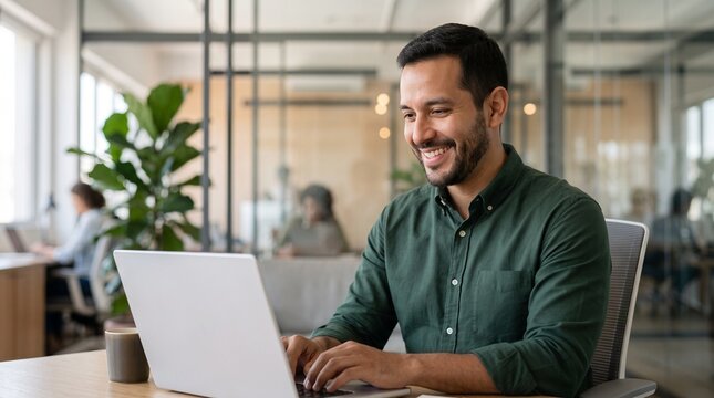 European businessman entrepreneur using computer technology app for work or online learning. Young professional specialist latin hispanic business man working on laptop pc at desk in office. Vertical