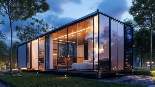 Modern modular futuristic container house with glass wall, floor-to-ceiling windows in the middle of a forest