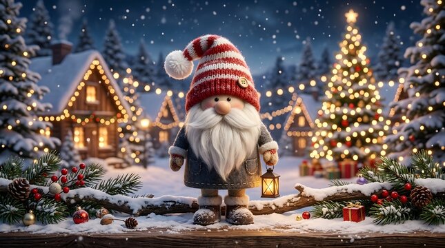 Cute christmas gnome with lantern standing in a snowy winter village at night