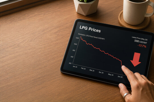 LPG prices downward trend on tablet with hand pointing red arrow fuel price cut subsidy correction energy economics commodities trading inflation mitigation market pricing
