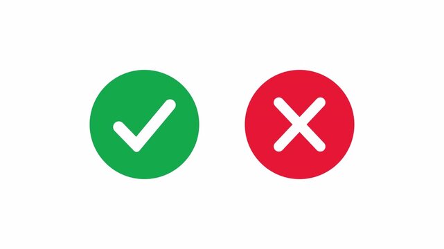 Green check mark and red cross mark circle icons on white background are simple symbols. Suitable for presentations, infographics, web design.