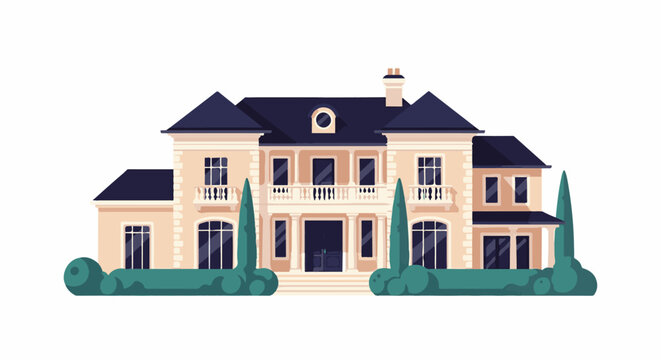 Elegant beige mansion with dark blue roof balconies and manicured bushes