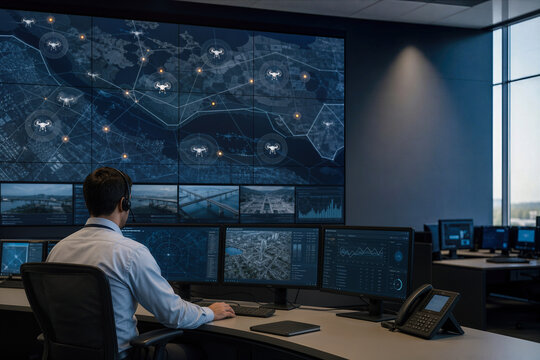 Civil defense operations center analyst monitoring unified drone tracking network with city map defensive grid zones situational awareness regional security infrastructure protection