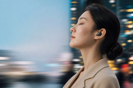 Serene professional woman wearing minimalist matte AI audio filtering earbud in bustling city noise cancellation urban wellness concept for focus and digital detox advertisement