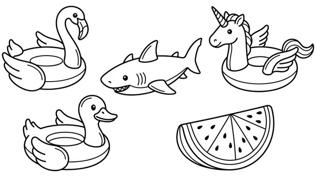 Pool floats collection line art including flamingo shark and unicorn.