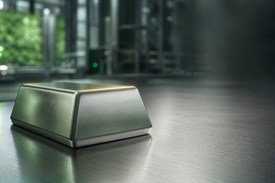 Green steel ingot on polished industrial surface with sage reflection symbolizing sustainable manufacturing hydrogen steel low carbon industry premium materials for corporate report imagery