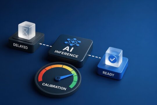 AI inference workflow with calibration gauge and status cubes in blue 3D concept