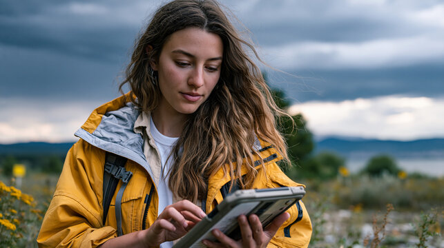 Field ecologist entering biodiversity count data into a rugged field tablet while standing in a degraded wetland habitat, survey quadrat markers visible across sparse vegetation behind her as overca