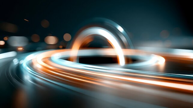 A futuristic, long-exposure image captures glowing light trails forming circular arcs on a dark backdrop, evoking high-speed motion and modern transportation.