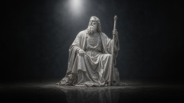 Ancient high priest marble statue with staff and sacred robes