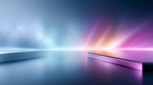 Futuristic digital landscape with glowing neon lights and reflective surfaces in blue and purple hues.
