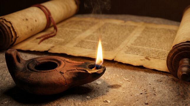 Clay oil lamp burning on stone table with open scroll of Isaiah in soft light