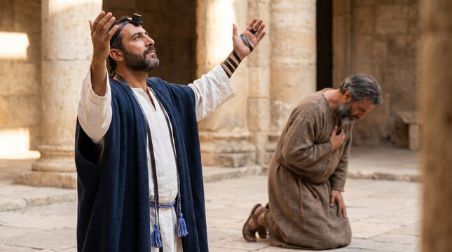 Pharisee and tax collector praying in Temple courtyard, contrasting body language, biblical scene