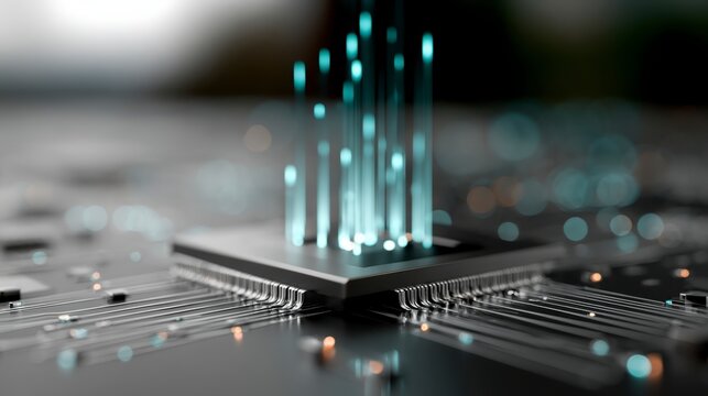 A futuristic digital chip emits glowing blue light beams, symbolizing advanced technology and data transmission on a circuit board.