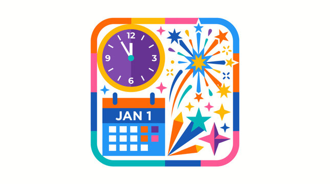 Vibrant new year celebration vector graphic illustration featuring a purple clock set to midnight alongside a blue calendar page marked january first and exploding colorful firework designs on a white