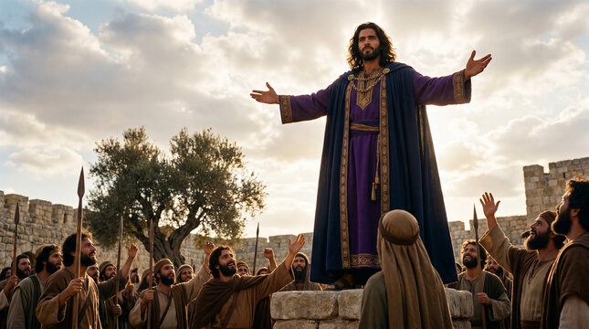 Absalom preaching with passion to supporters on a stone platform against sunset background