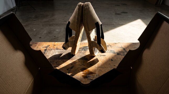 Pair of tan fabric espadrille sandals with black straps standing on a rustic wooden workbench viewed from inside an open cardboard box