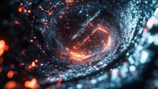 Swirling metallic tunnel creating an abstract vortex with golden light at the end