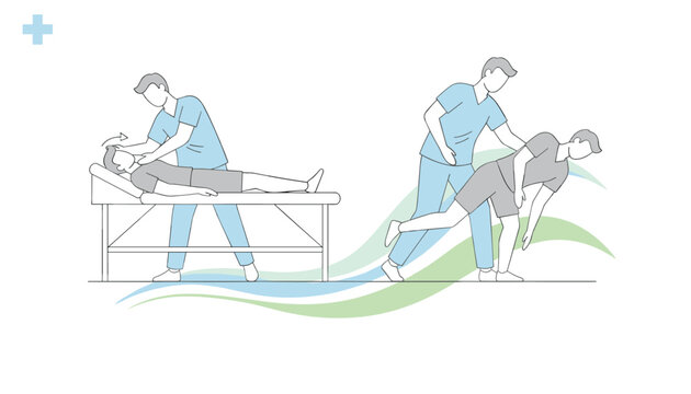 Physiotherapy exercises with patient and medical specialist vector