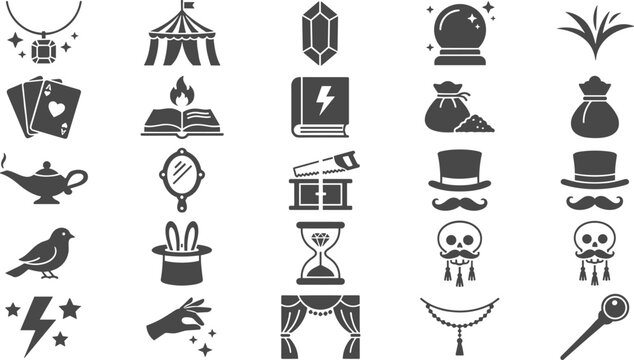Magic and Illusion Show Black Glyph Icon Set Featuring Magician Top Hat Playing Cards Crystal Ball Spell Book and Circus Tent Vector Symbols