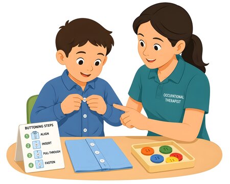 Child Practicing Shirt Buttoning During Therapy Session