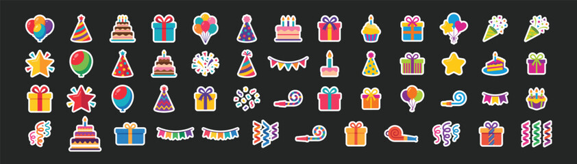 Set of colorful birthday party stickers featuring cakes gifts balloons decorative garlands white background and color black birthday stickers celebration white background and color black © Star_Pixels11