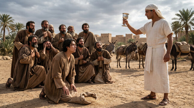 Biblical scene, sorrowful brothers reacting to Joseph&rsquo;s steward holding silver cup in desert background. Joseph's brothers find the cup in Benjamin's sack.