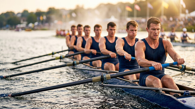 A rowing team is in action on a river, pulling their oars in unison. Spectators watch from the shore as the team moves swiftly through the water. The sun is shining bright