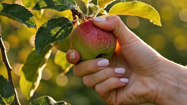 Hand reaching to pick fresh red apple in orchard