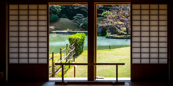 Scenic panoramic view of Ryukyu royal garden from a building of the Shikinaen garden in Naha Okinawa Japan