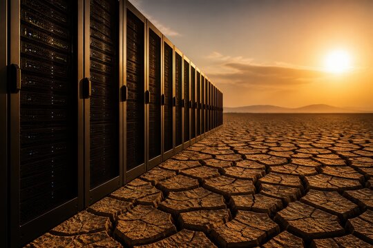 Data center servers in cracked desert symbolizing climate risk and business continuity